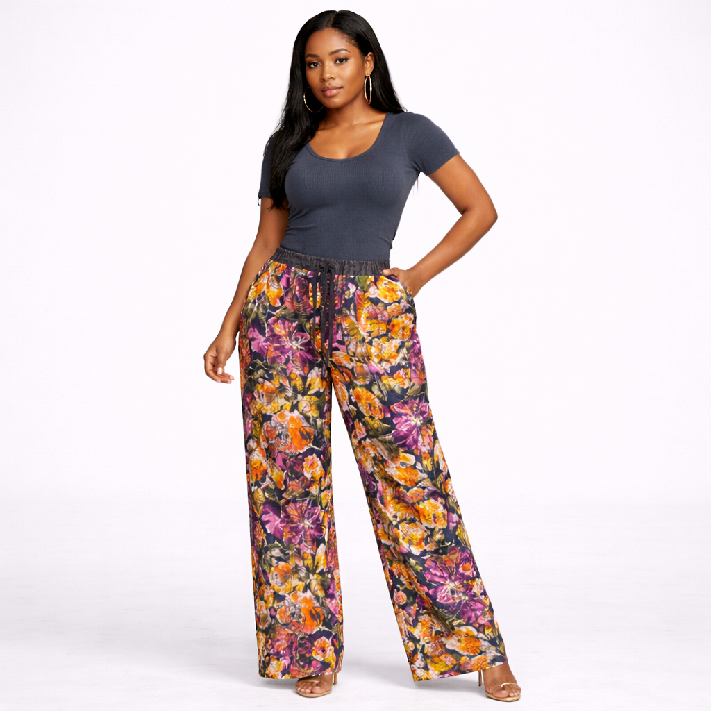 Womens Ribbed Top and Floral Wide Leg Pants Set
